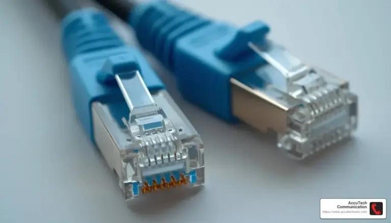 Two blue Ethernet cables with shielded metal-jacketed RJ45 plugs lying on a white surface
