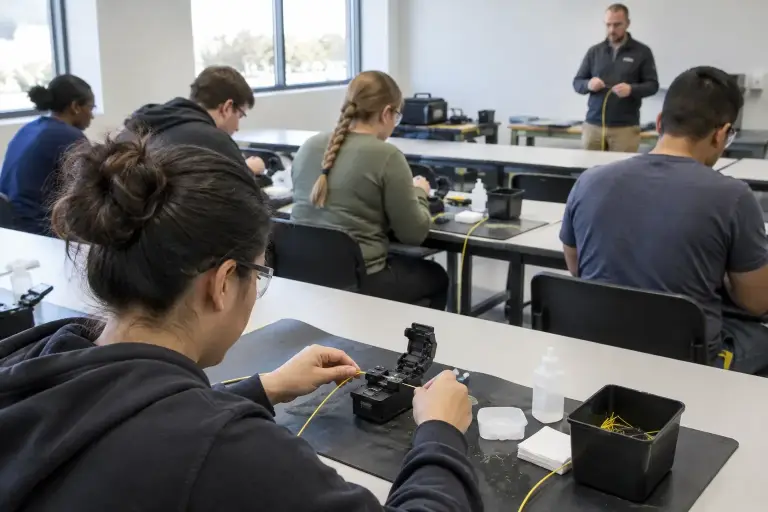 Trainees in safety glasses cleaving yellow fiber at lab tables in a training classroom