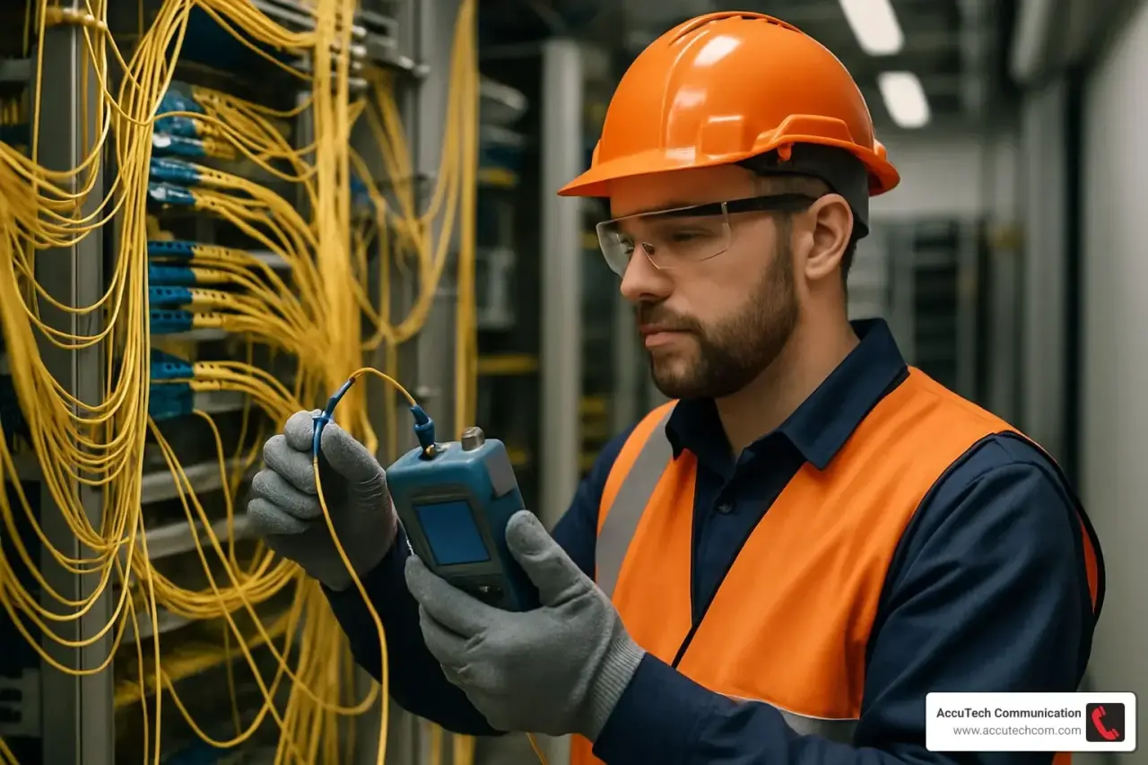 Technician in an orange hard hat holding a handheld fiber tester connected to yellow fiber patch cords