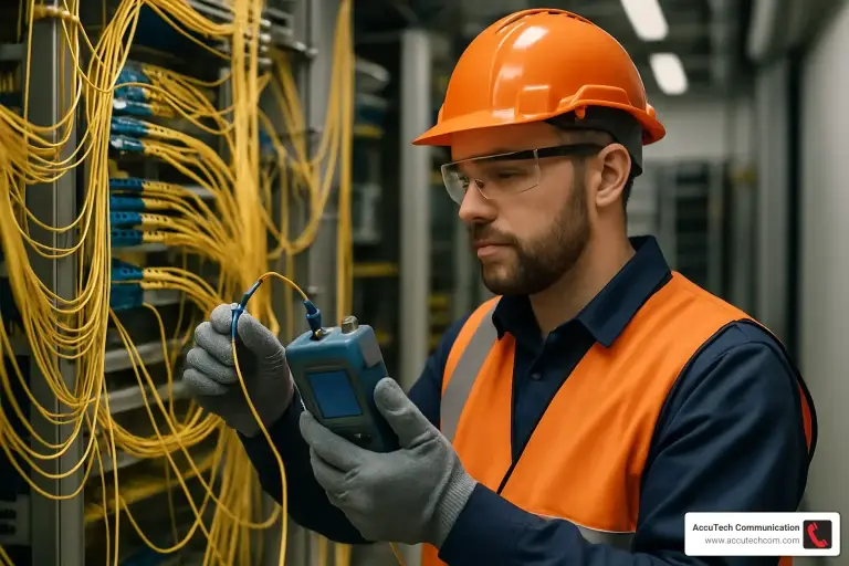 Technician in an orange hard hat holding a handheld fiber tester connected to yellow fiber patch cords