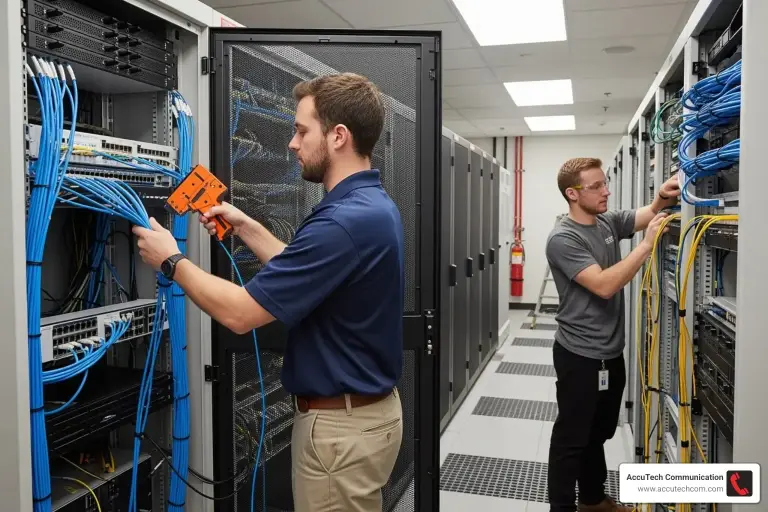 Two technicians working on blue copper and yellow fiber cabling in racks along a server room aisle