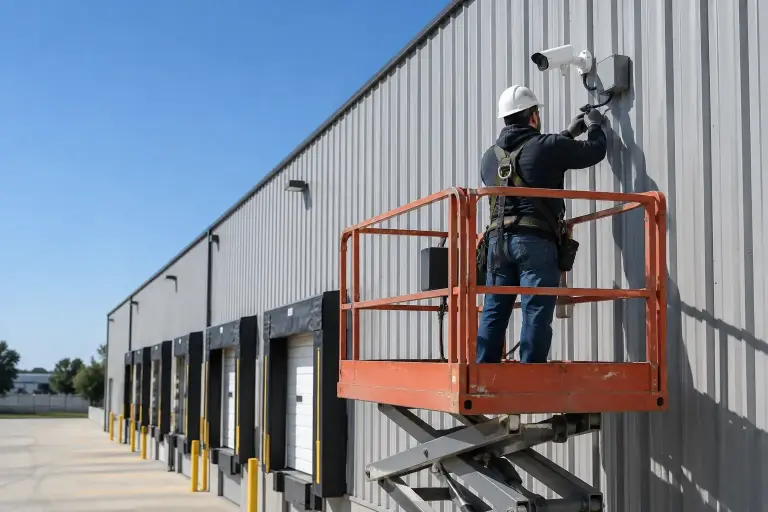 Technician on a lift mounting a bullet camera on a warehouse wall above loading docks