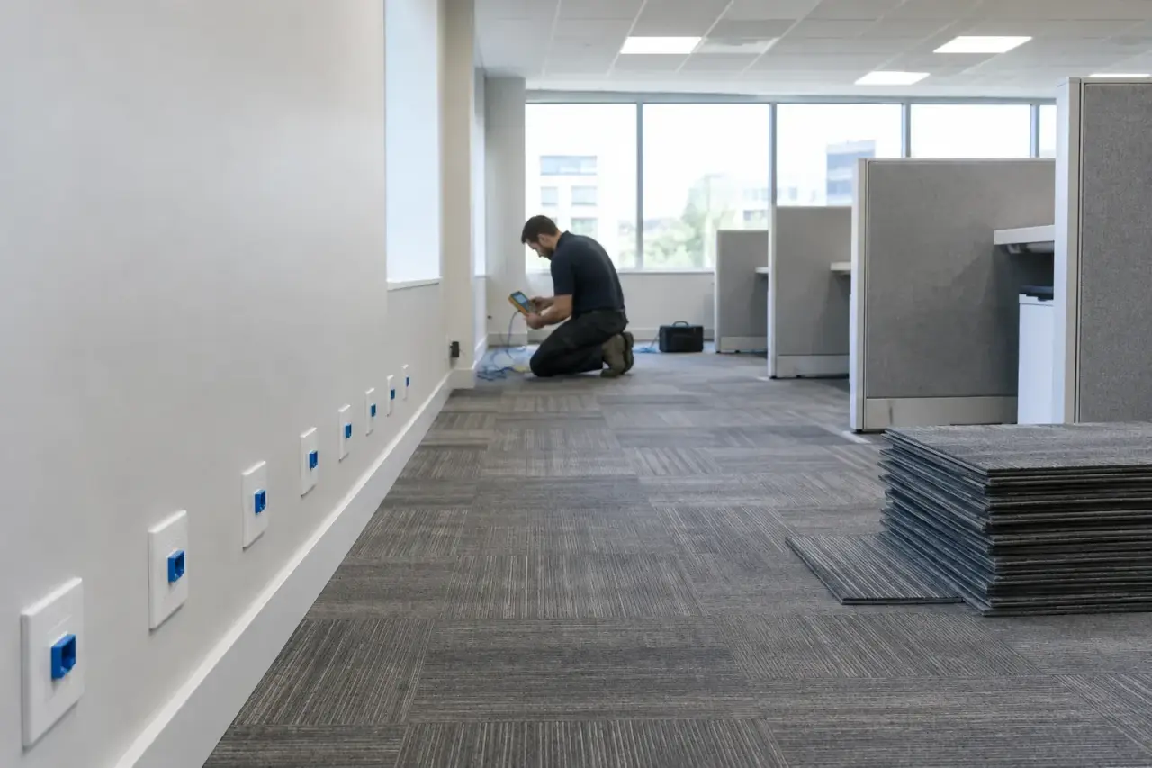 Row of new wall faceplates with blue data jacks in an office cubicle area