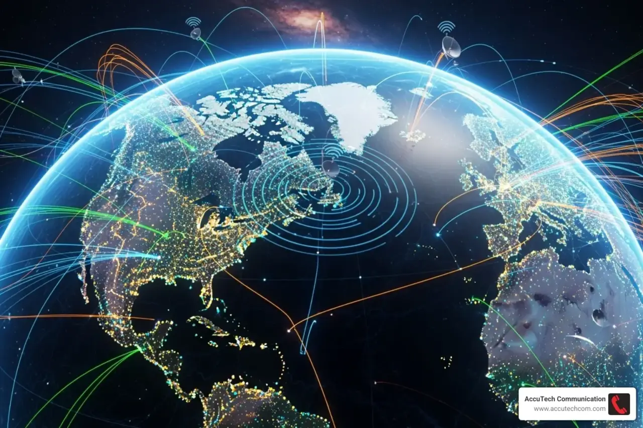 Illustrated globe with glowing city lights, satellite dishes and colored data arcs spanning the continents