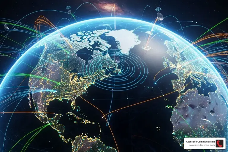 Illustrated globe with glowing city lights, satellite dishes and colored data arcs spanning the continents