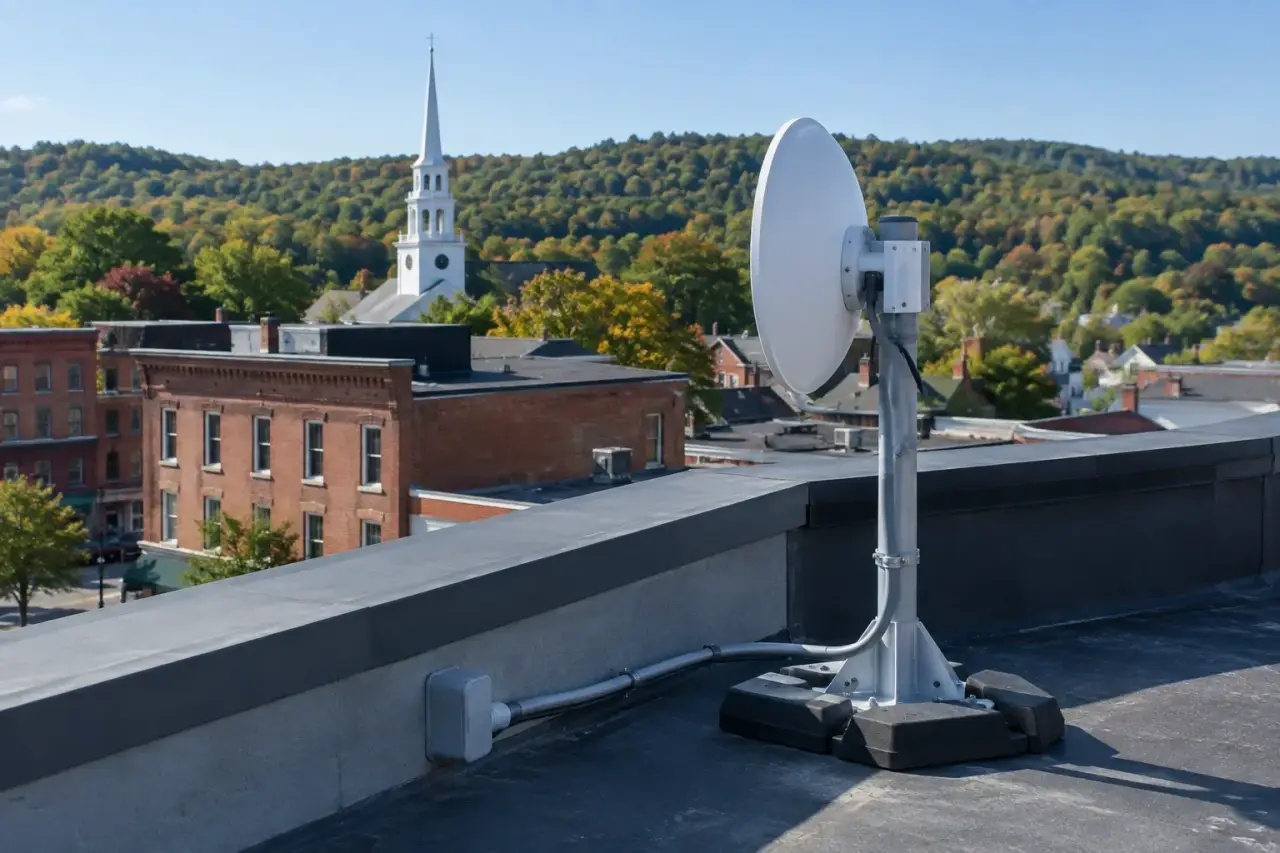 Small wireless dish on a commercial rooftop with conduit, town steeple and hills behind