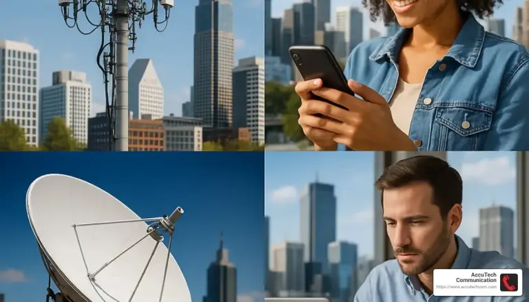 Collage of a cell antenna mast, a smartphone user, a satellite dish and a man at a laptop