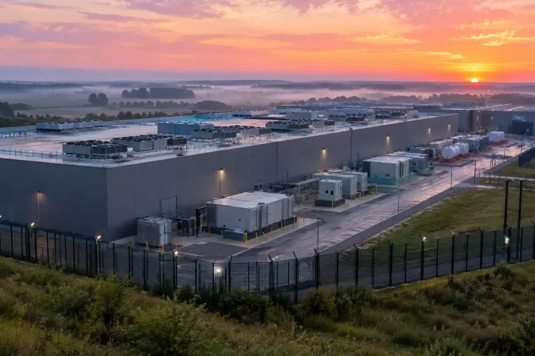Large data center campus at dawn with rooftop cooling units and rows of generators