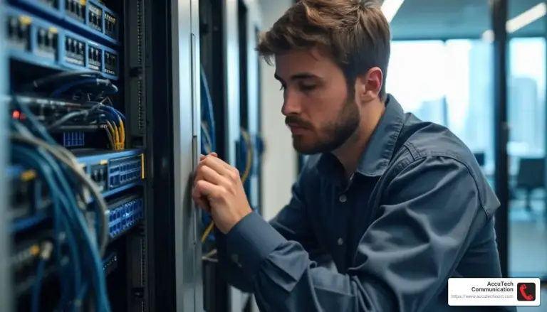 Technician in a denim work shirt working inside a network rack with blue and yellow patch cables