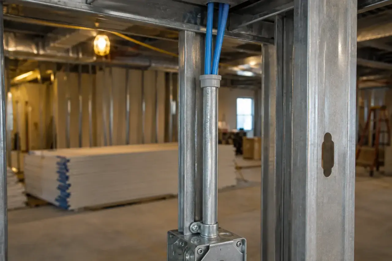 Blue network cables pulled through a short steel conduit from an outlet box in a stud wall