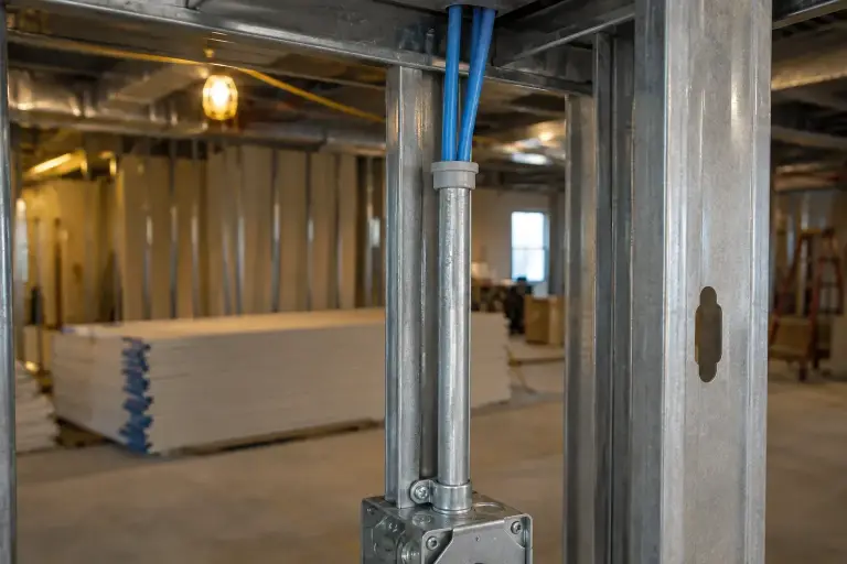 Blue network cables pulled through a short steel conduit from an outlet box in a stud wall