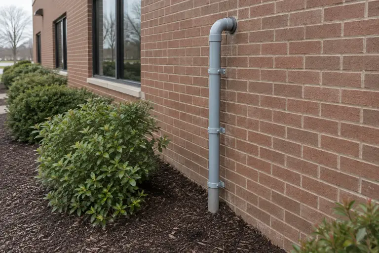 Gray conduit strapped up a brick building wall and entering through a sealed fitting