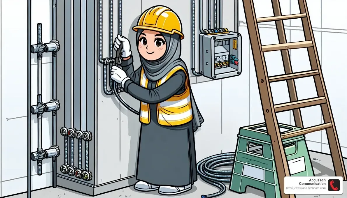 Cartoon of a worker in a hard hat and vest fastening metal conduit to a wall