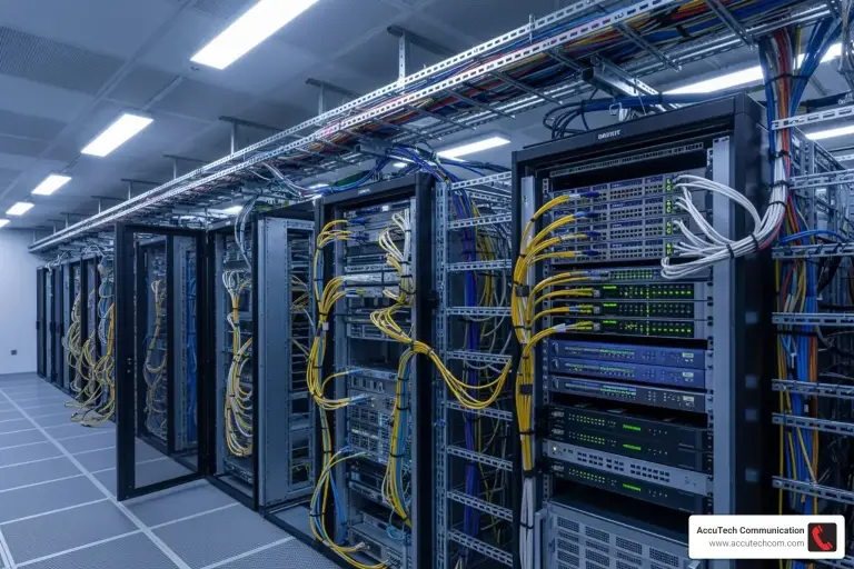 Data center aisle of racks with yellow fiber and blue copper cables fed from overhead cable trays