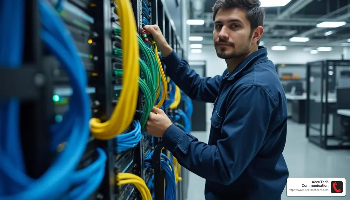 Technician in a navy work shirt plugging green and yellow patch cords into a network rack
