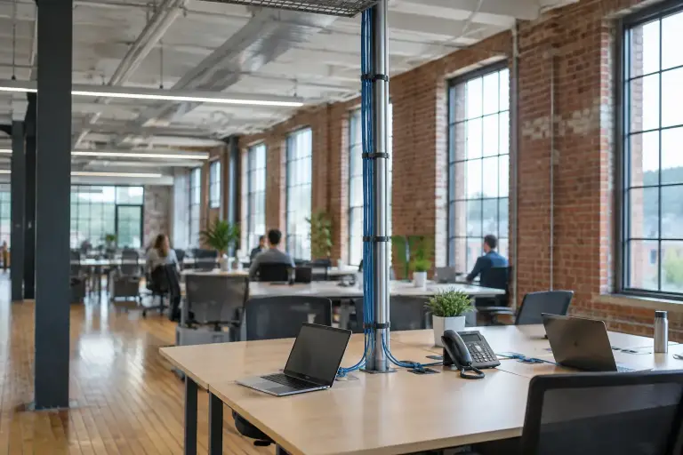 Slim power pole carrying blue network cables from the ceiling down to office desks