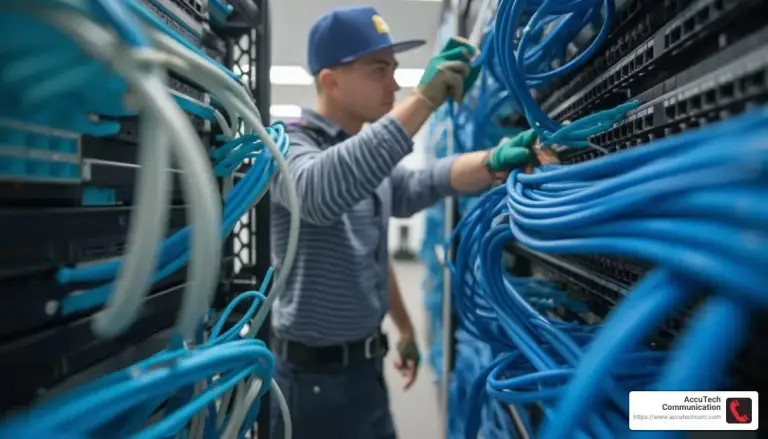 Technician in gloves and a cap organizing large bundles of blue patch cables between network racks
