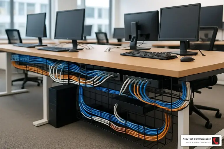 Office desks with monitors and blue, white and orange cables routed through under-desk wire baskets