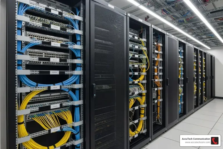 Row of data center racks with neatly managed blue copper and yellow fiber patch cables