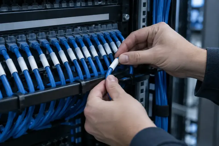 Hands applying blank label sleeves to a neat bundle of blue cables behind a patch panel