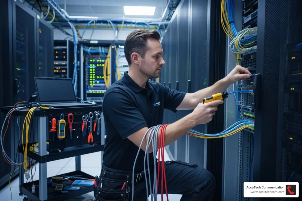 Technician kneeling at a server rack testing a blue patch cable with a handheld tester