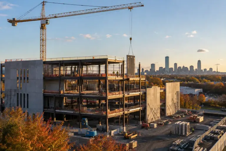 New data center building under construction with a crane and city skyline behind