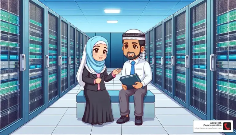 Cartoon of two professionals talking on a bench in a server room aisle