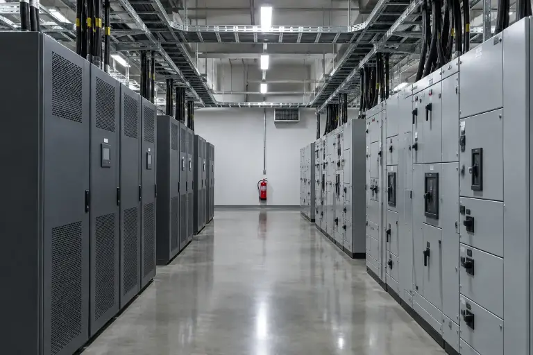 Rows of power supply cabinets and switchgear in a data center electrical room