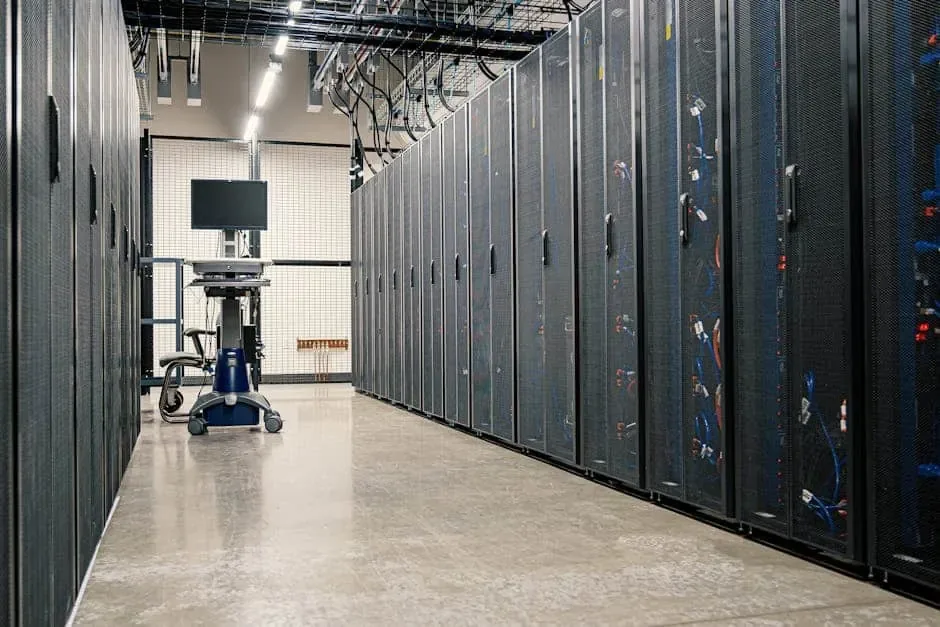 Long aisle of black mesh-door server cabinets beside a rolling cart workstation with a monitor