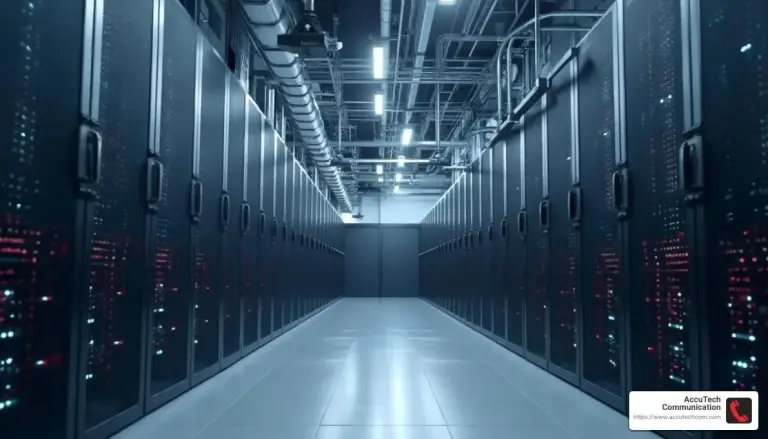 Long cold aisle between rows of black server cabinets with overhead ducts and pipes