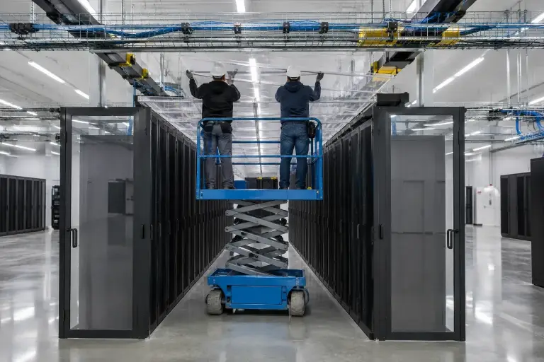 Technicians on a lift installing hot aisle containment panels over server cabinets