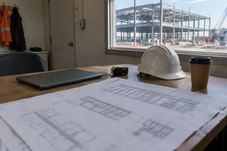 Site trailer table with blurred drawings, hard hat and tape measure by a window