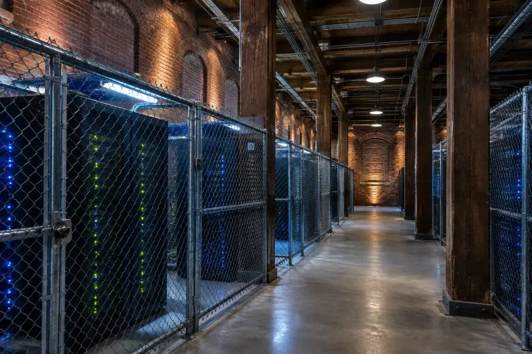 Caged server cabinets inside a converted brick industrial building with timber columns