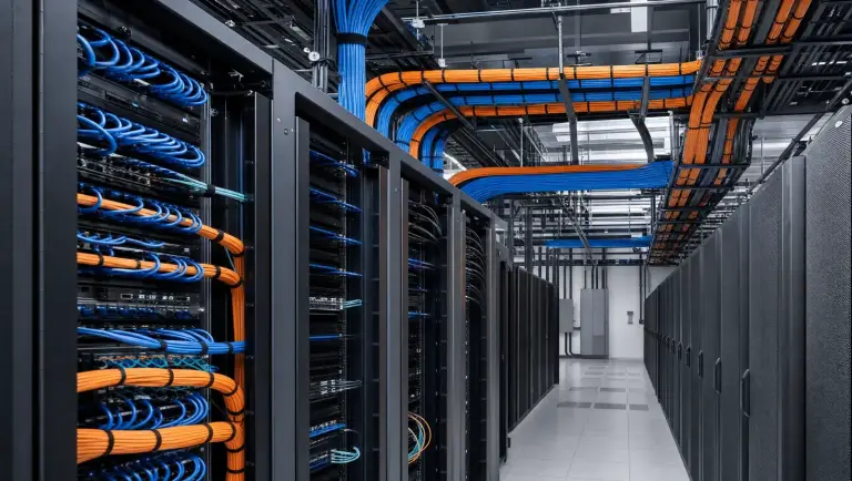 Data center aisle with blue and orange cable bundles running through overhead trays into server racks