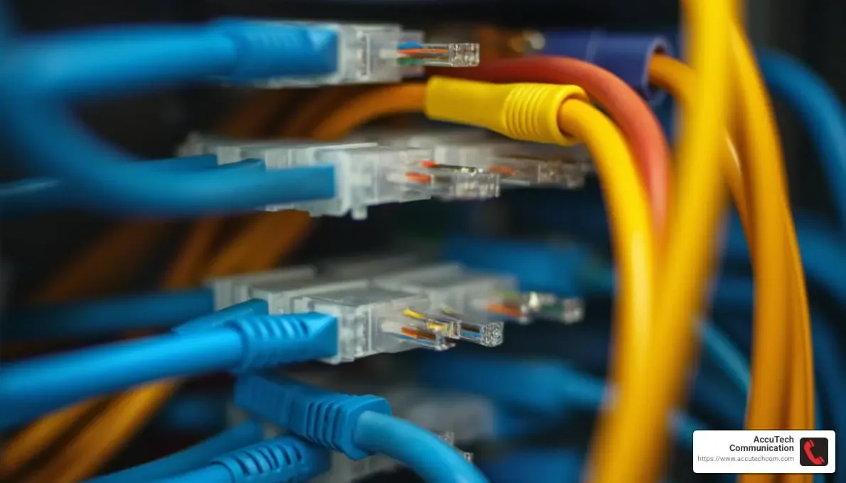 Close-up of blue and yellow patch cords plugged into network switch ports