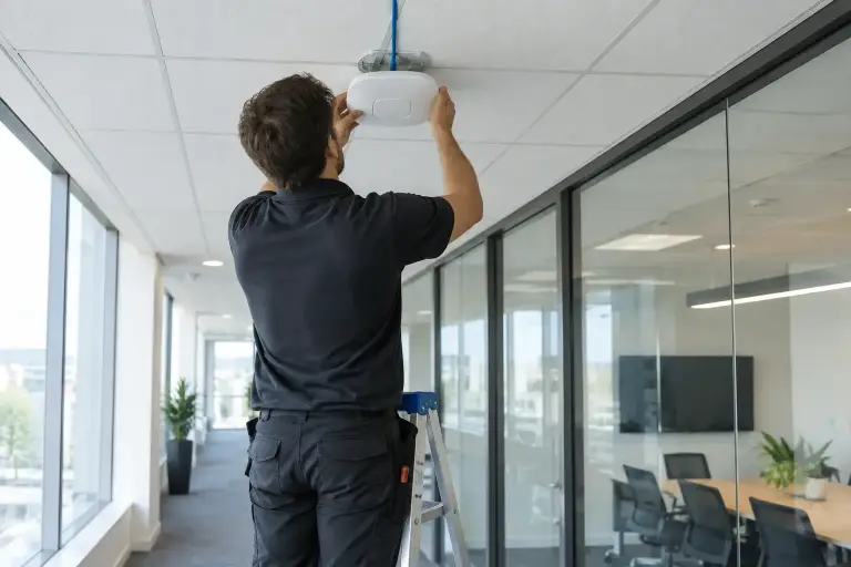 Technician on a ladder mounting a wireless access point to an office ceiling