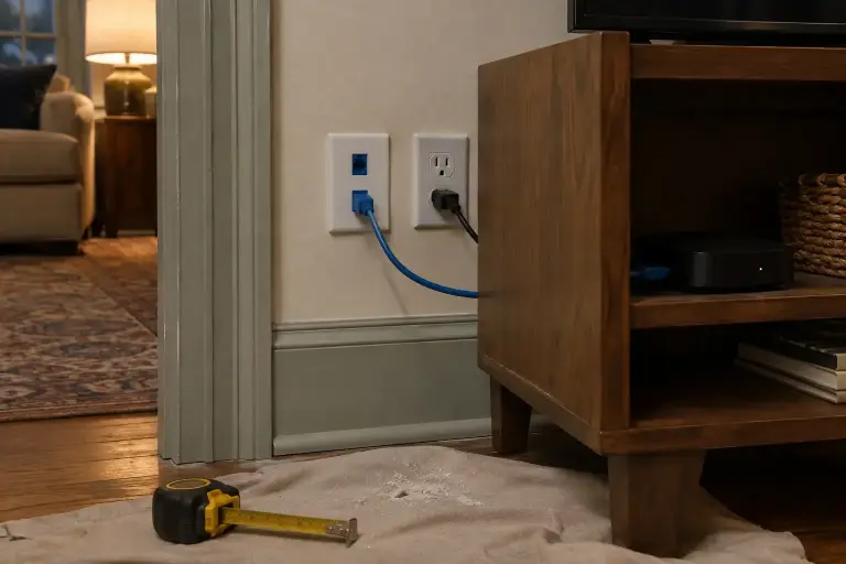 New white double data outlet beside a power outlet behind a living room media cabinet