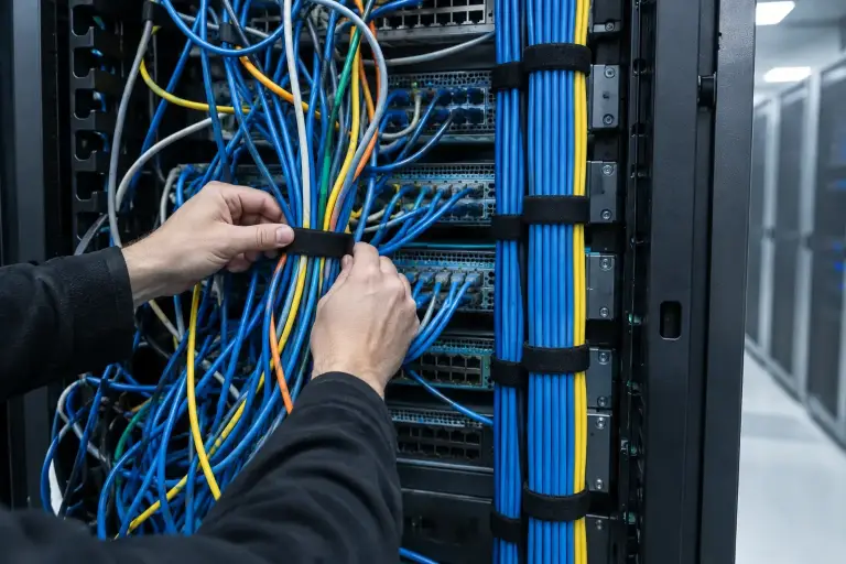 Hands strapping loose patch cables into tidy bundles at the back of a server cabinet