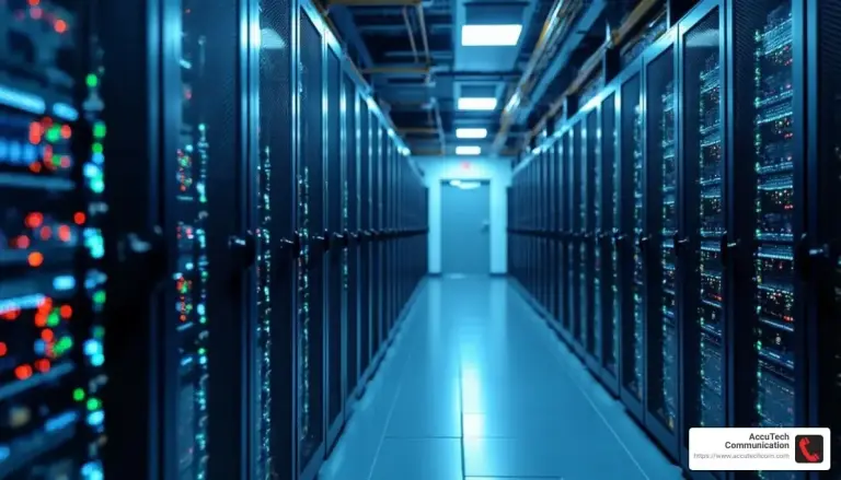 Long data center aisle lined with server cabinets glowing with blue, green and red status lights