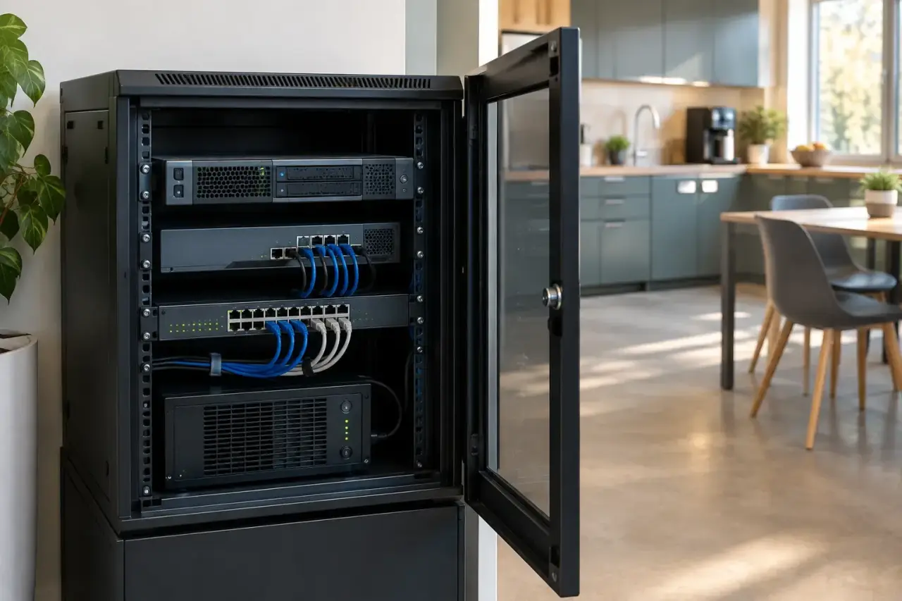 Glass-door network cabinet in a branch office with server, firewall, switch and backup power