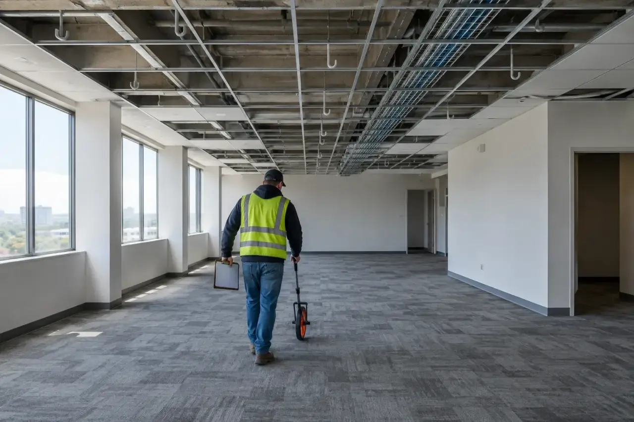 Estimator rolling a measuring wheel across an empty office suite before cabling