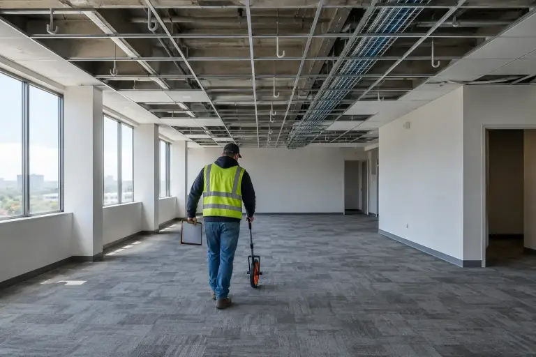 Estimator rolling a measuring wheel across an empty office suite before cabling