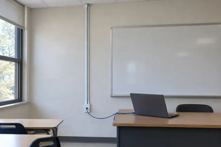 Blue cable in white raceway running down a classroom wall to a data outlet