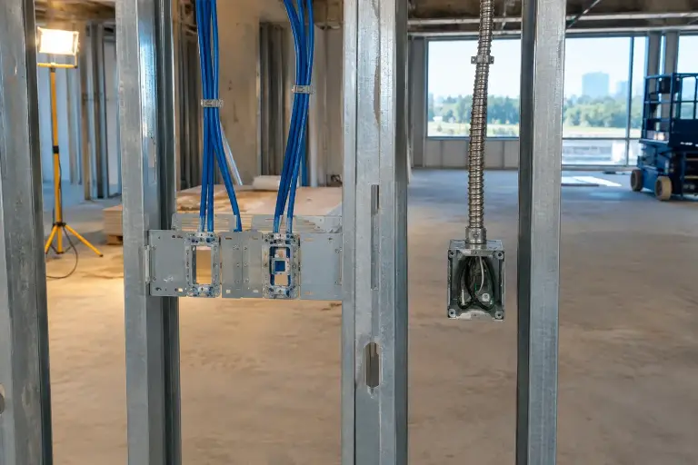Open commercial wall with data cable brackets kept separate from an electrical box