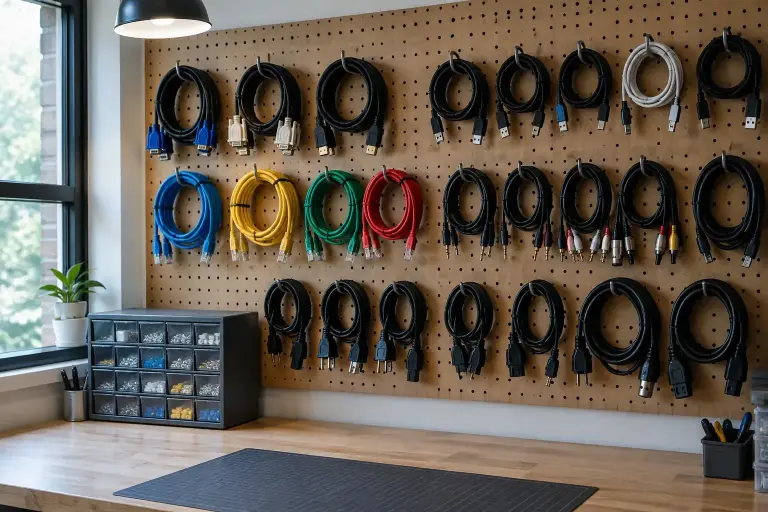 Pegboard wall with neatly coiled display, USB, network, audio and power cables