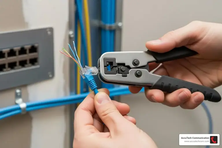 Hands crimping an RJ45 plug onto a blue network cable in front of a wall-mounted jack panel