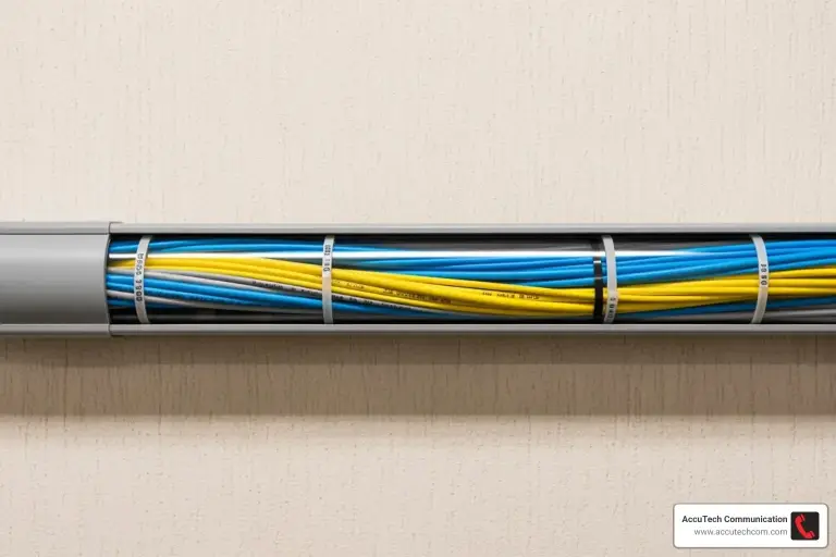 Cutaway of a gray wall raceway holding bundled blue, yellow and gray network cables