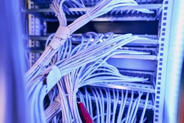 Bundles of light blue network cables tied and routed into rack-mounted patch panels