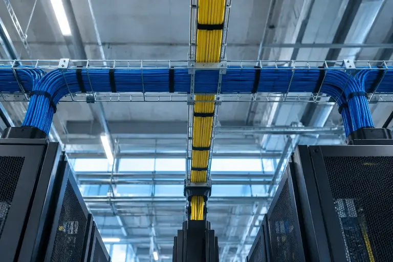 Blue copper cables and yellow fiber raceway crossing neatly above a row of racks