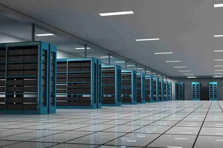 Rendered data center hall with rows of teal server cabinets on a glossy white floor